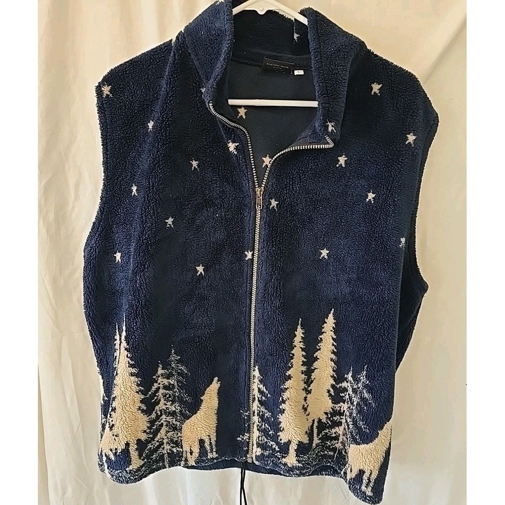 Vintage Silver Threads Great Falls Montana Fleece Vest Coyote Western Blue Sz‎ L
